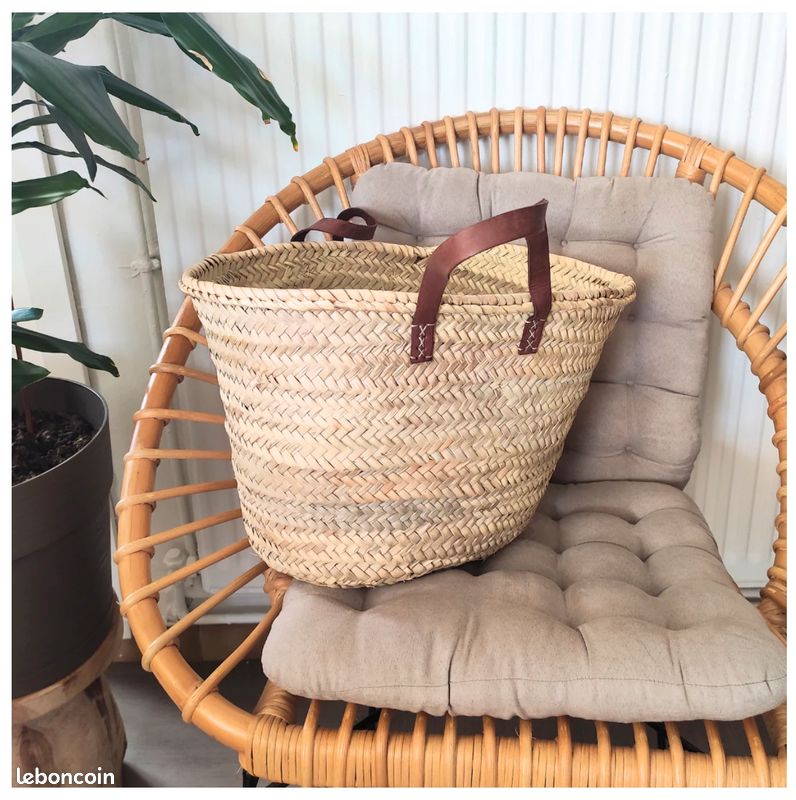 🧺 Panier M en Feuilles de Palmier – anses en cuir naturel courtes