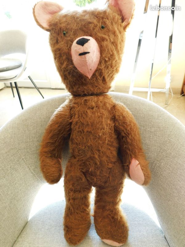 Peluche Ancienne Ours N°S320 – Membre Articulé, Vintage 40cm – Yeux En Verre Strié – Super état Avec Vetement Laine Fleuri