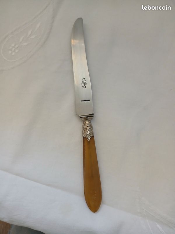 Lot De 10 Couteaux Anciens Dessert/fruit - Manche Corne Et Acier - Virole Perle - 17cm