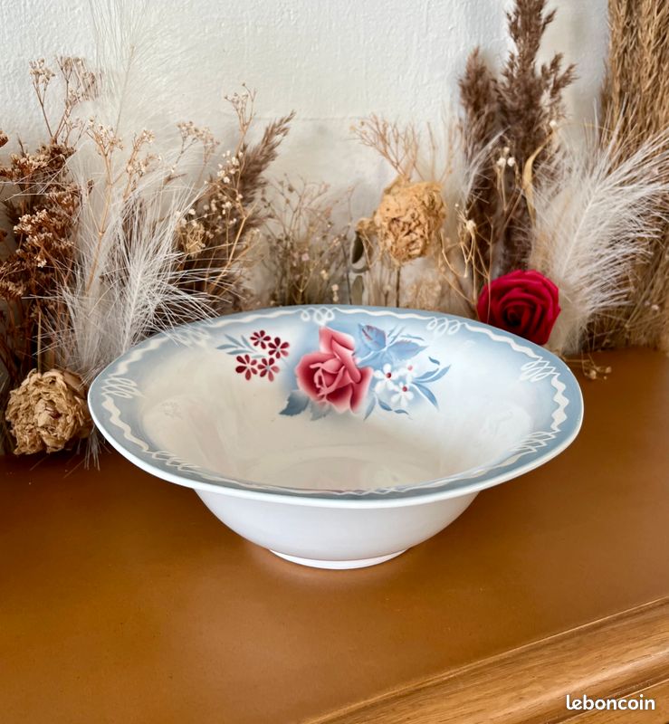 Grand Saladier Ancien Digoin Modèle JACQUOT 25.5cm - Faïence Blanc Et Bleu