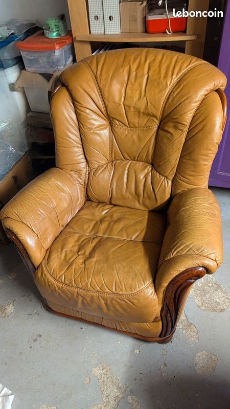 Fauteuil en cuir et bois vintage (image 1)