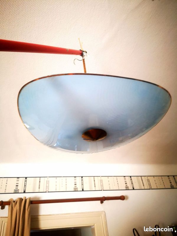 Grande suspension vintage en laiton et verre sérigraphié (image 1)