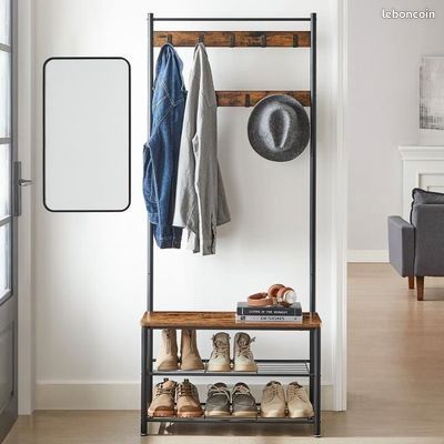 Porte-manteaux Vasagle Avec Banc Et étagère à Chaussures - Marron, 9 Crochets, Acier Et Bois