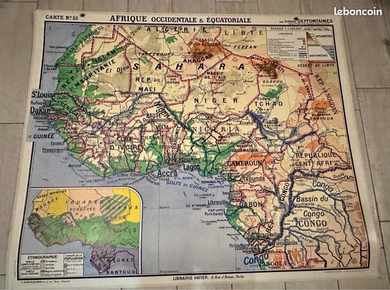 Ancienne carte scolaire Afrique équatoriale occidentale française empire colonia Hatier Deffontaines 120x100 cm type Vidal lablache (image 1)