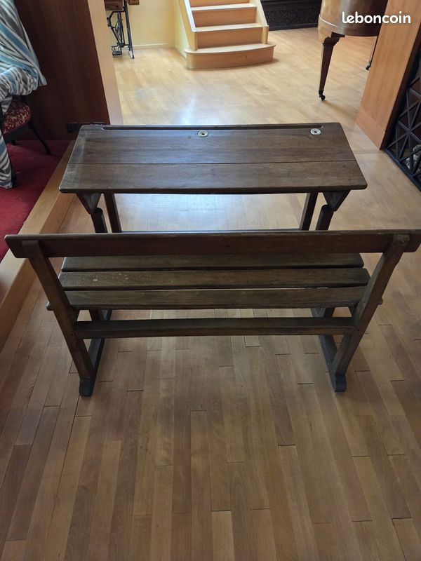 Ancien pupitre d’école en bois 2 places – Banc d’écolier vintage – Années 1950/60 (image 1)
