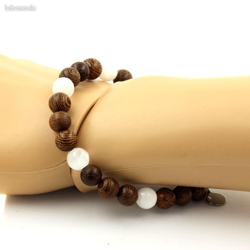Bracelet Perles Selenite du Maroc + bois 8 mm. Fabriqué en France (image 2)