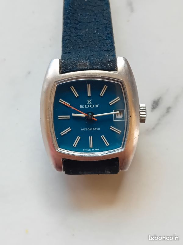 Montre Bracelet Automatique Vintage Edox - Années 1960, Cadran Champagne, Boîtier Doré, Bracelet Cuir Marron