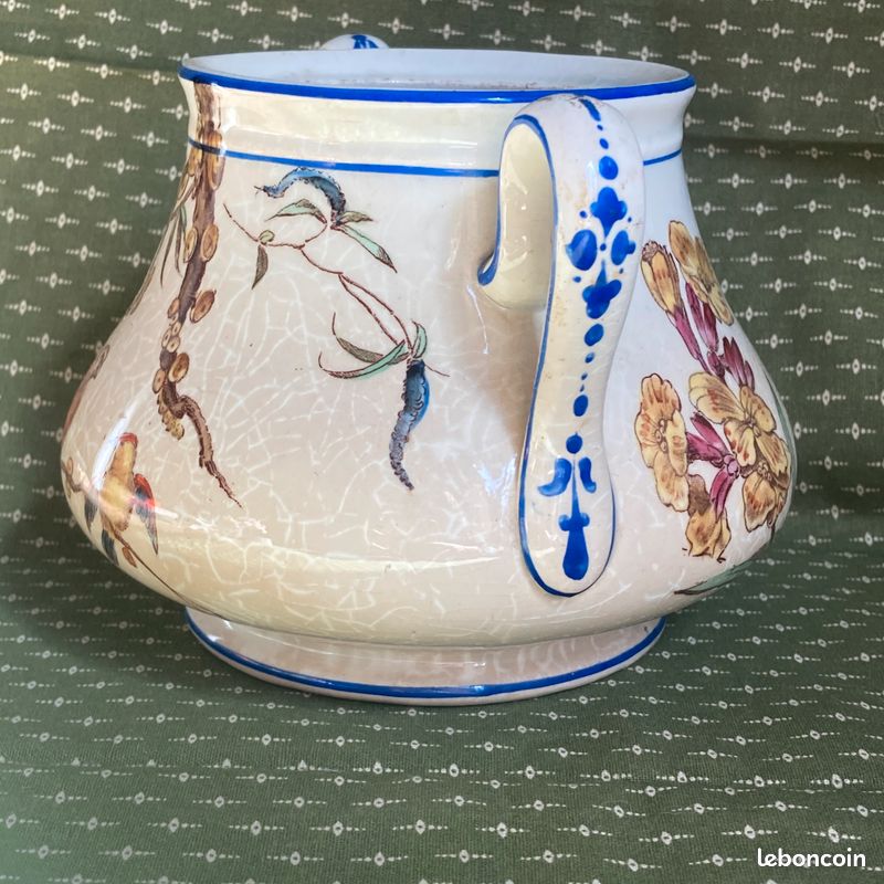 Ancien sucrier Service Nella Vieillard oiseau polychrome fleurs, pot ravissant (image 7)