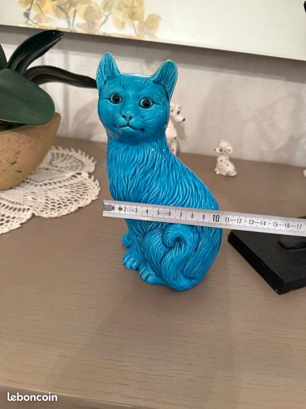 Statuette chat Vintage | Figurine céramique émaillée bleu turquoise | Déco rétro (image 6)