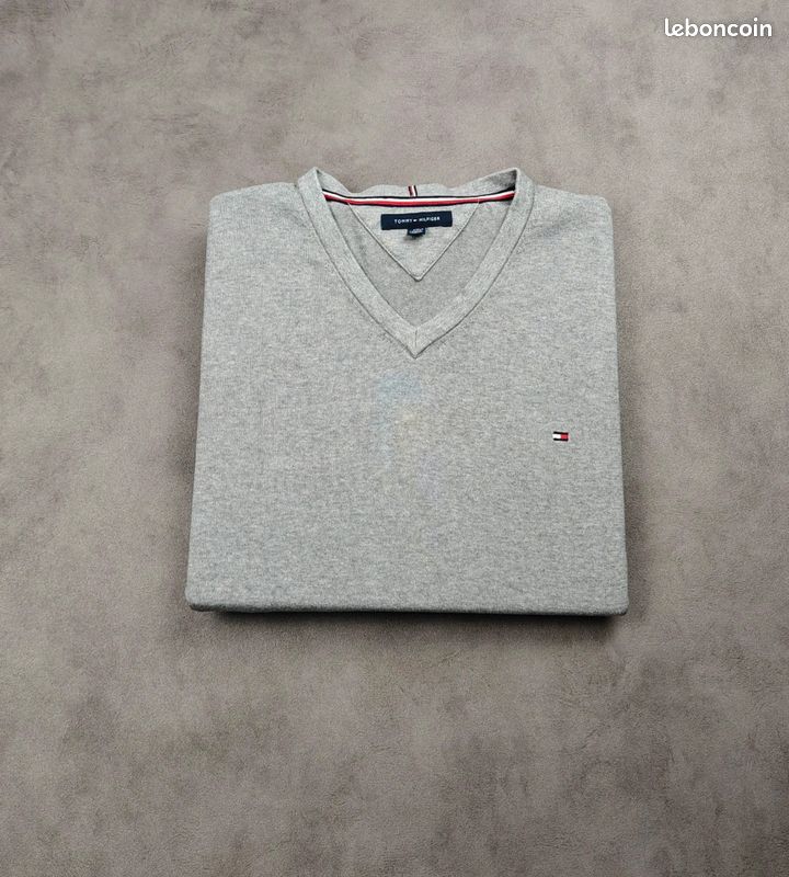 Sweat Tommy Hilfiger [XXL] 100% coton col V logo brodé homme pull gris #TH364 (image 1)