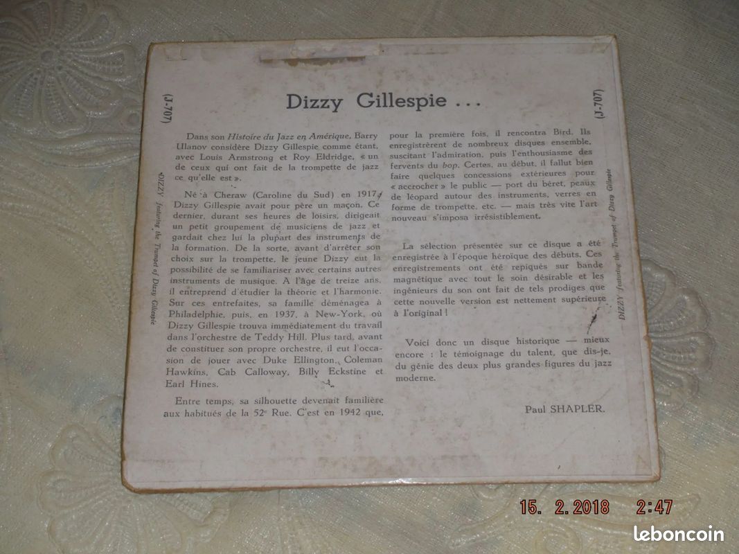 DIZZIE GILLESPIE- Vinyle 33T GUILDE DU JAZZ "THE TRUMPET OF DIZZY (image 2)