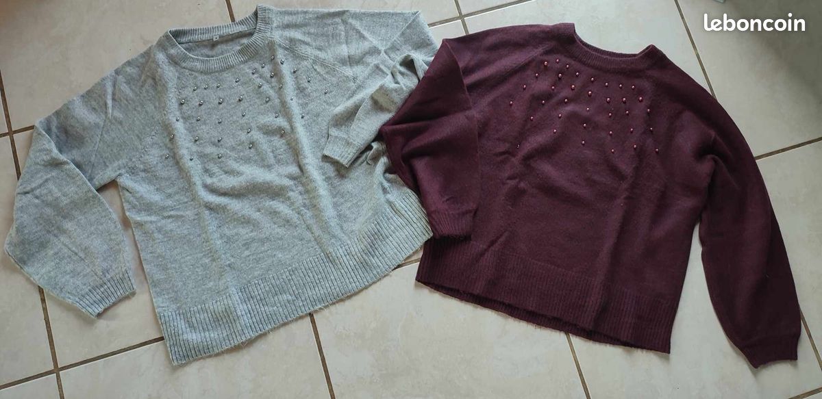 Lot 2 pull perles taille m - bordeau et gris (image 1)