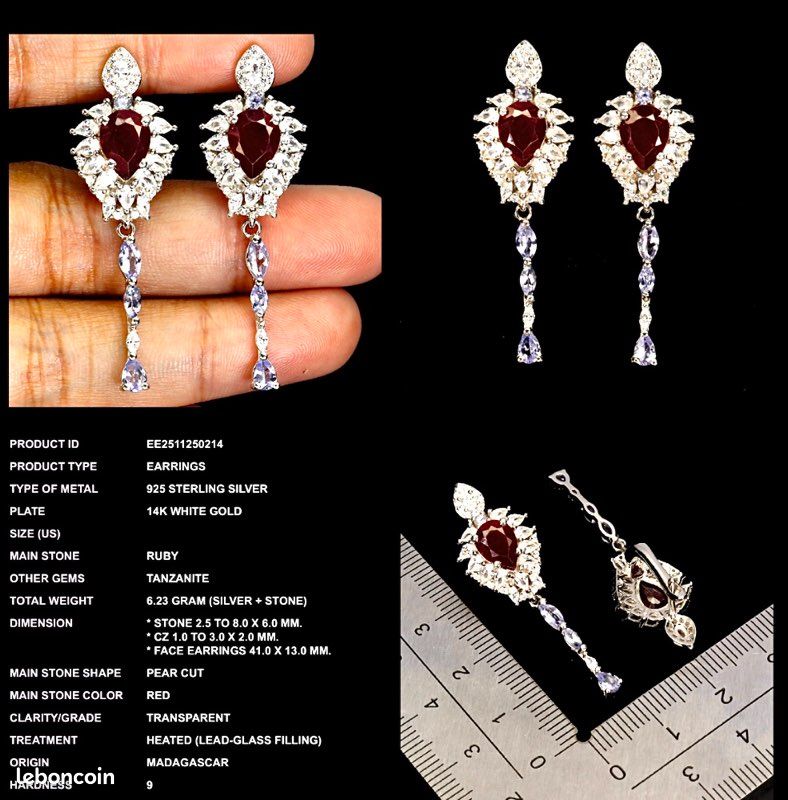 Parure rubis – bague fr 54 & boucles d’oreilles plaqué or (image 4)
