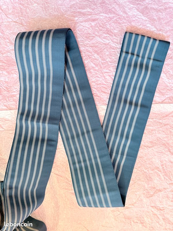 Japon authentique Kaku obi homme vintage soie marine clair rayures blanches excellent état (image 13)