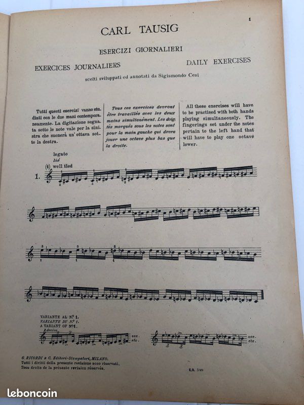 Partition Piano Tausig - Exercices Quotidiens Piano Forte Éditions Ricordi Milan (image 2)