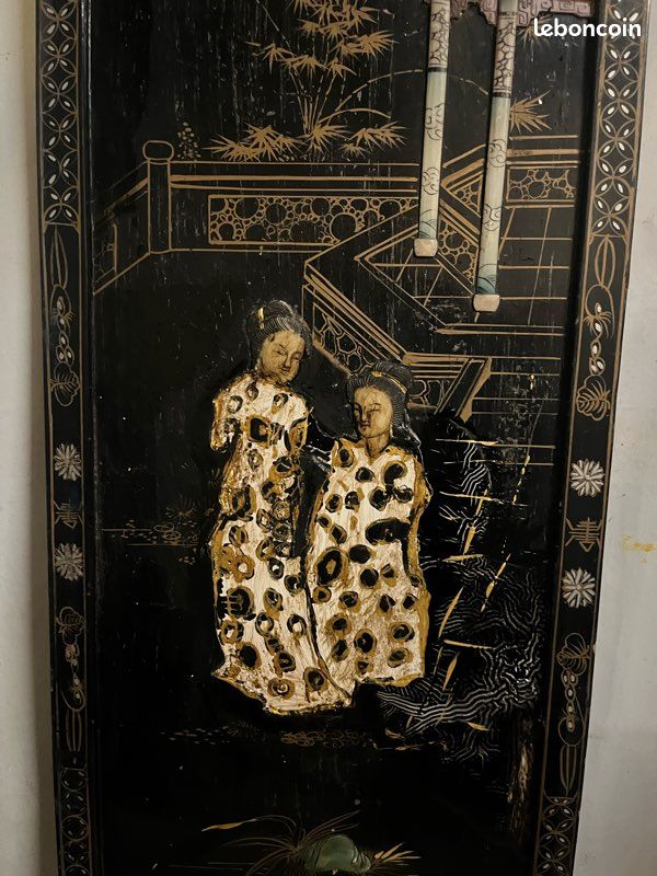 Panneau asiatique ancien en bois laqué noir – incrustations de pierres vers 1930 (image 6)