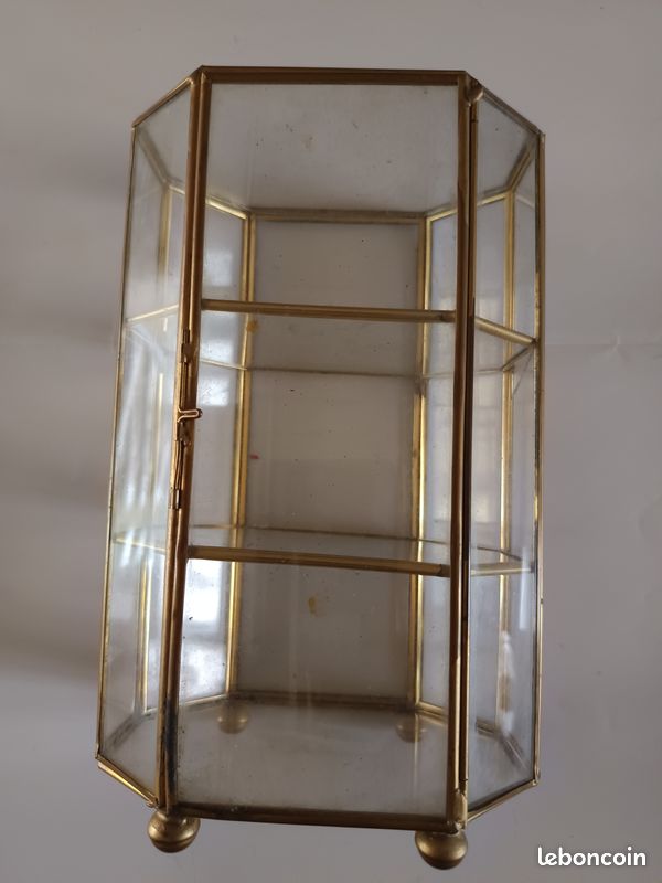 Vitrine Hexagonale En Verre Et Laiton Ancienne - Boîte à Bijoux Vintage - Occasion
