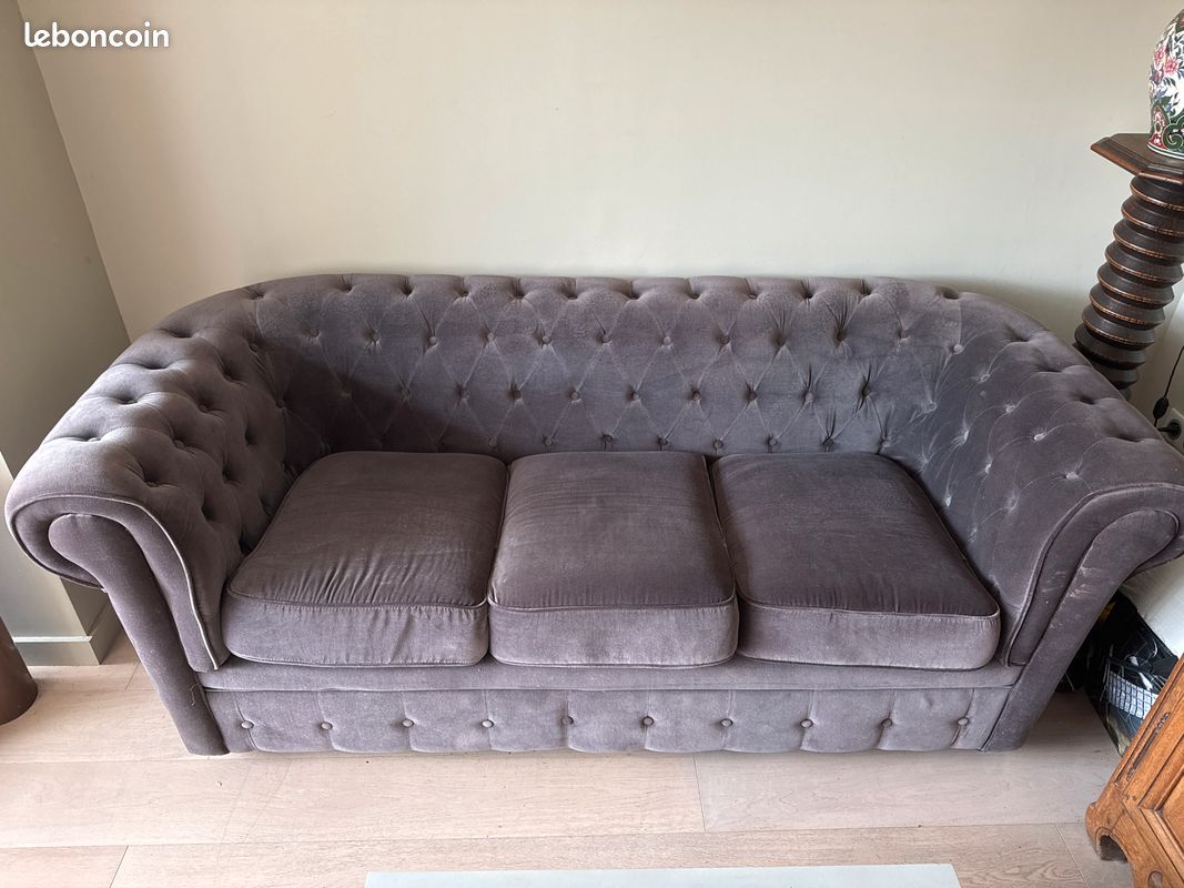 Canapé Gris Velours, Style chesterfield, (image 1)