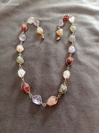 Collier Vintage 70s Pierres Agate Ou Améthyste – Doré, Style Perles