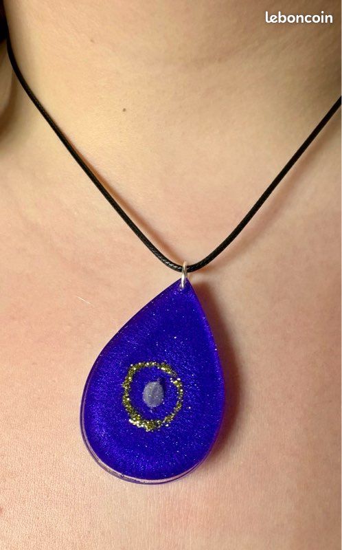 Collier Vintage Skalli Années 90 - Pendentif Cabochon Résine Violet Et Métal Argenté