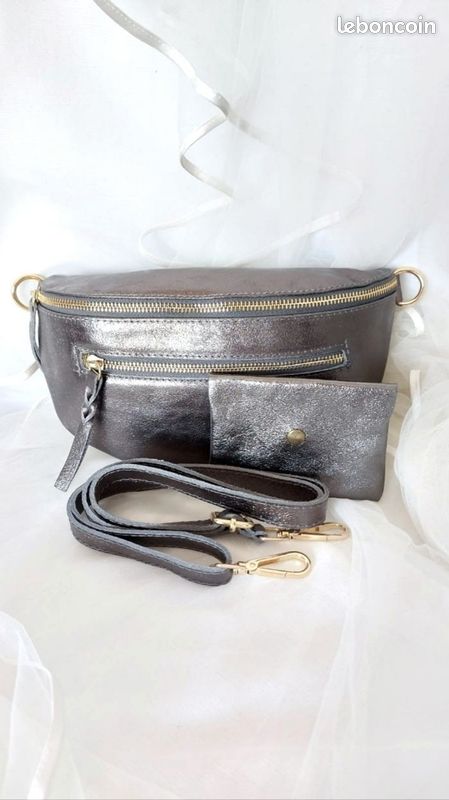 Sac banane cuir gris et porte cartes assorti neuf (image 1)
