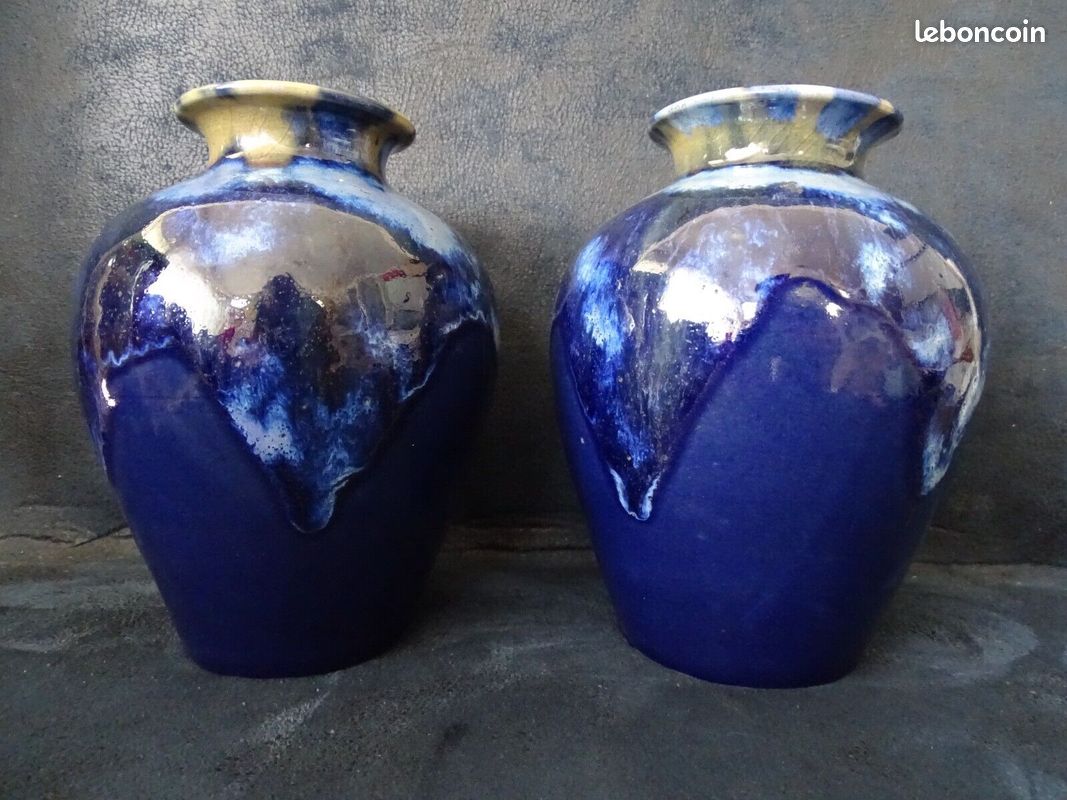 VENDUES / Vases Céramiques Grès du Morvan bleu + Alpho Alphonse Mouton design Art Nouveau rétro Vintage 1930's (image 12)