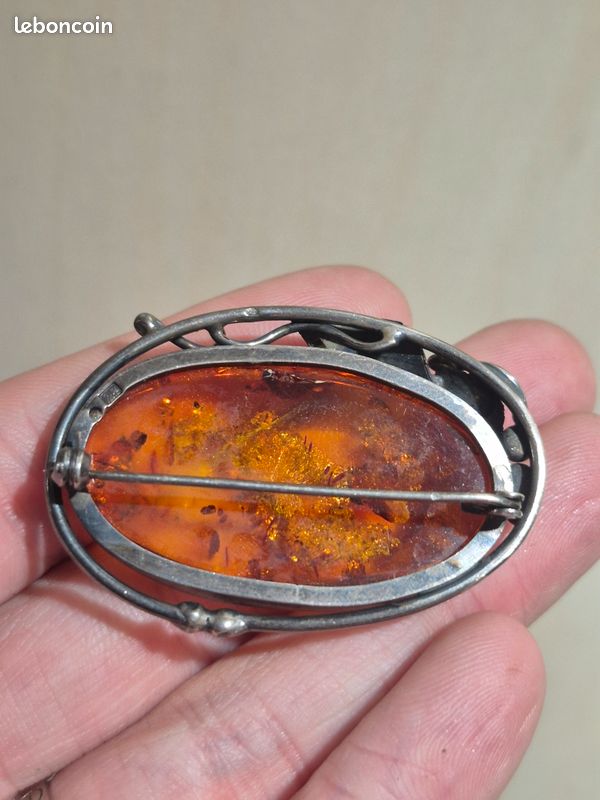 Broche Ancienne Argent Massif 925 Et Ambre Naturel - Bon état