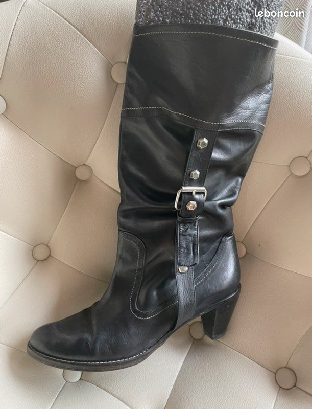 Bottes Western Vintage Frédéric - Taille 39, Cuir Noir, Talon 7 Cm, Neuves Sans Emballage