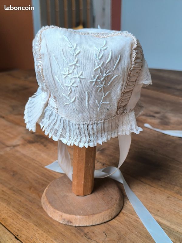 BRODERIE DENTELLE ANCIENNE - COIFFE BONNET - bords plissés - XIXème EUR