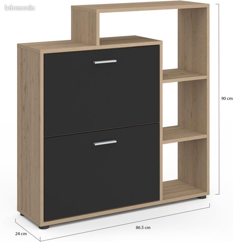 Meuble Rangement Chaussure 2 Rangements Plusieurs Etagères Design Industriel Beige Noir (image 2)
