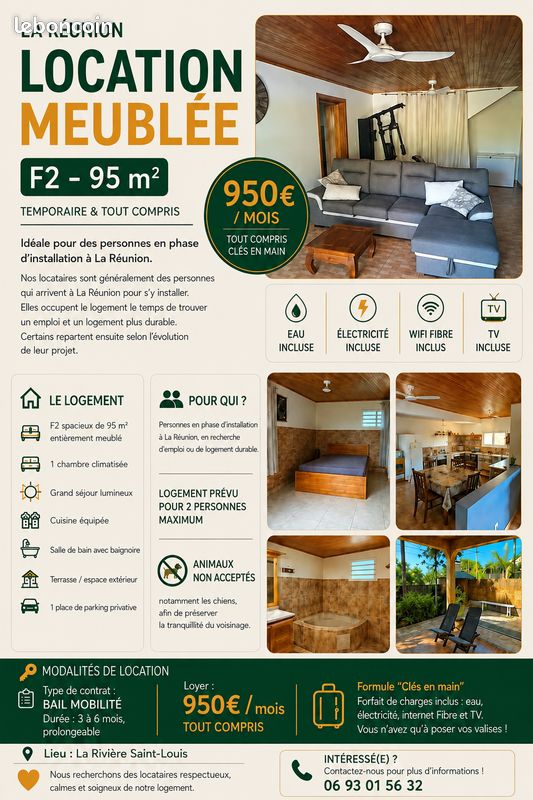 Appartement 1 pièce 95 m² · à Saint-Louis · 95 m² · 950 €/mois