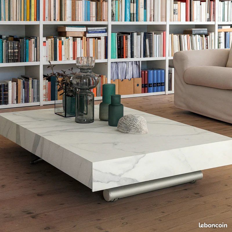 Table basse relevable et extensible avec rallonges melamine marbre blanc (image 2)