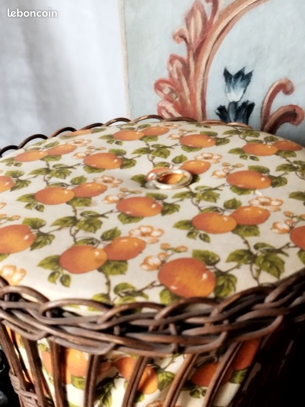 Travailleuse en rotin bambou et tissu ANNEES 70-panier ouvrage couture Vintage (image 3)