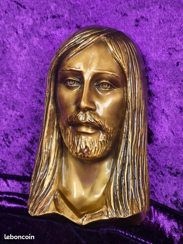 Plaque effigie reproduction Jésus Christ en bronze patiné brillant Caggiati vintage (image 1)