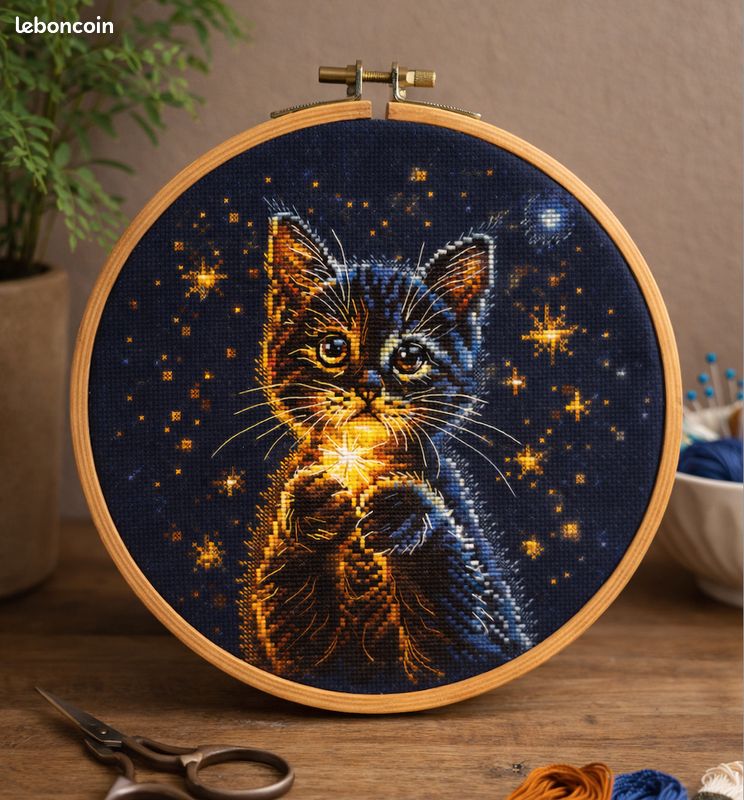 Canevas Enfant - Point de Croix - Chat - 14x14 cm avec Fils et Aiguilles