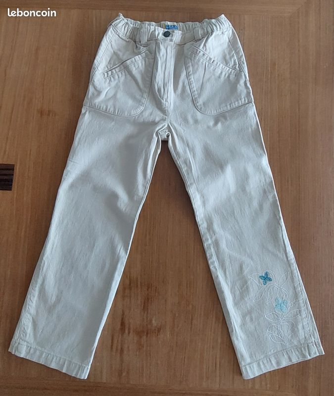 Pantalon vintage beige, borderie florale turquoise Marèse taille 6 ans - danayel (image 1)