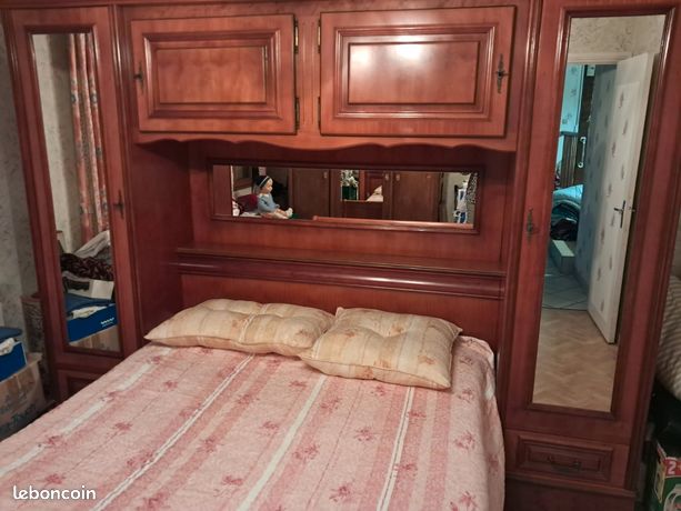 Chambre à Coucher Adulte – Lit Pont 2 Places En Merisier Massif Avec Literie