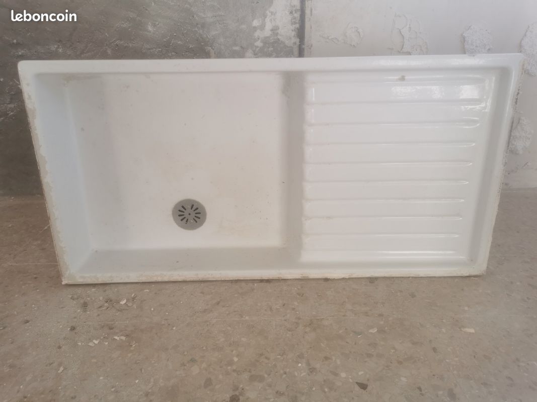 Évier ancien en céramique blanche – 100 cm × 50 cm × 15 cm (bacs + égouttoir) (image 1)