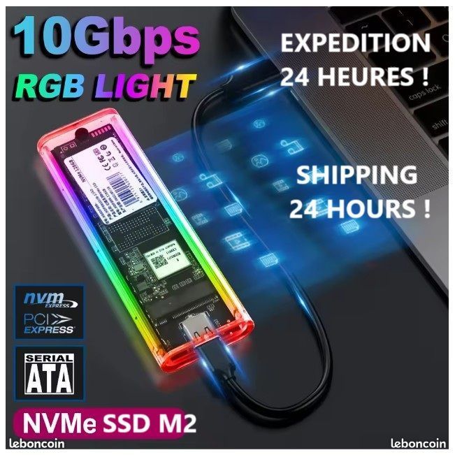 Boîtier SSD M.2 NVMe/NGFF Transparent USB-C 10 Gbit/s – Compatible 2230 à 2280, Avec Adaptateur