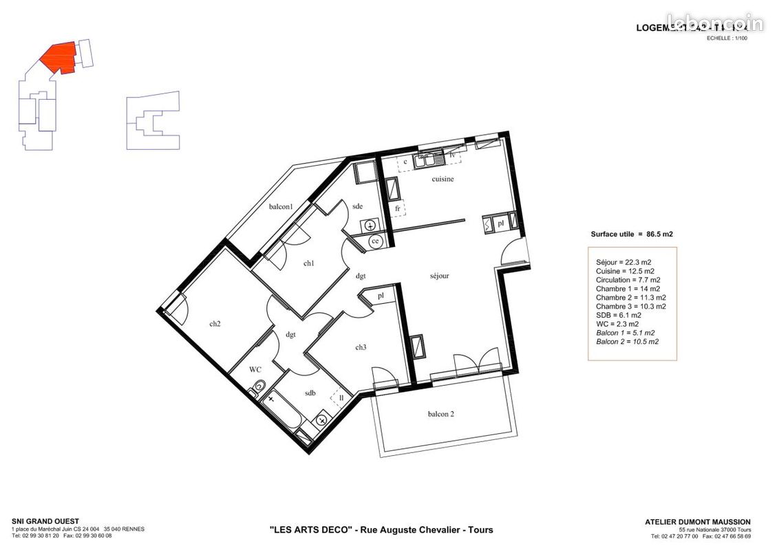 Appartement 4 pièces 87 m² · à Tours · 87 m² · 981 €/mois