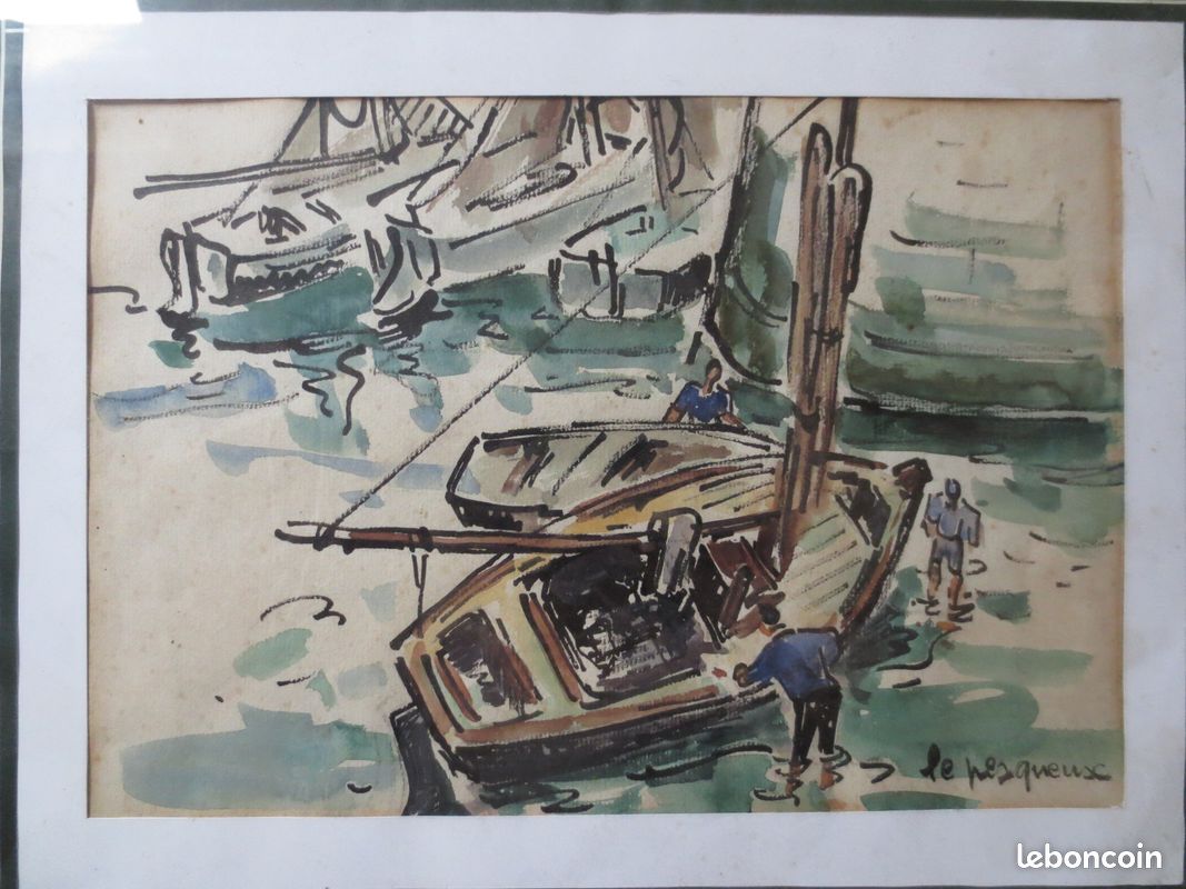Tableau - Henriette Le Pesqueux - Aquarelle - Honfleur - Port - travaux de carénage - 1949 - (image 2)