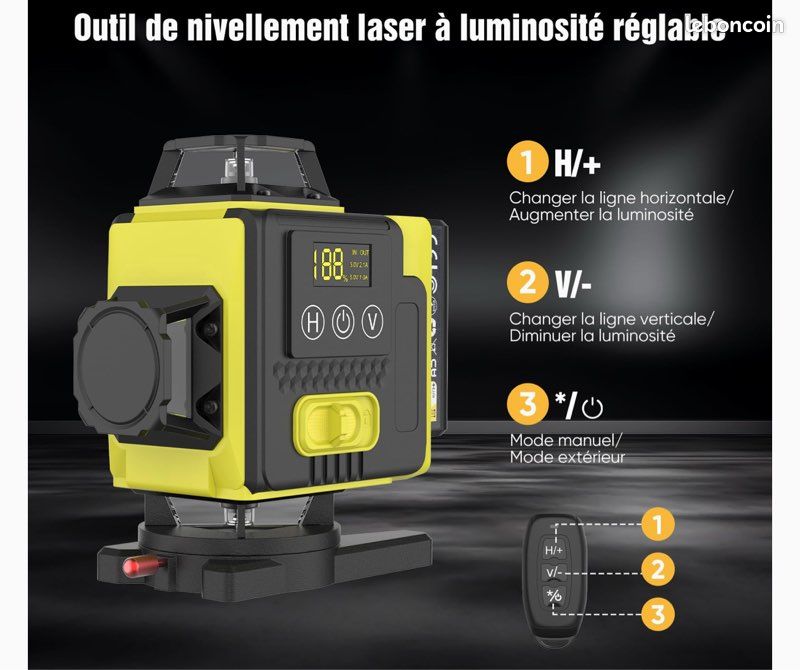 Professional Niveau Laser Autonivelant 360° X 4, Lazer Niveaux Chantier 4d 16 Lignes Laser, Mode Impulsion ExtéRieur, 2 X Batterie,Nivellement Automatique, Support Rotatif, TéLéCommande (image 6)