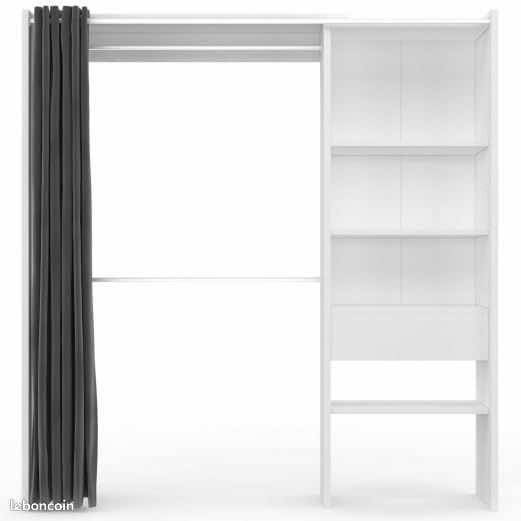 Dressing Extensible 120 à 170 cm – Double Penderie & 4 Étagères – Armoire Ouverte avec Rideau Gris – Coloris Blanc Moderne – Hauteur 180 cm (image 3)