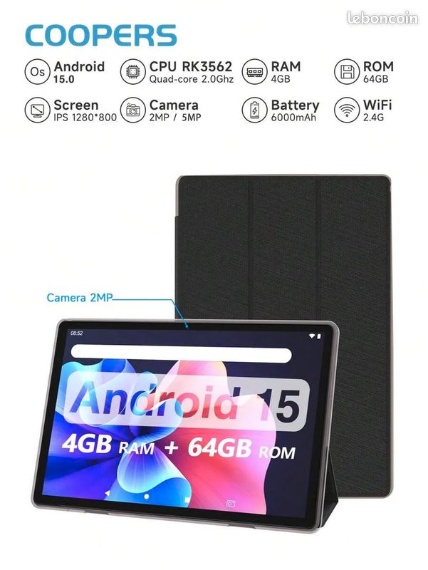 Tablette UXD A5 Android 15, Écran IPS 10,1, 12Go+256Go