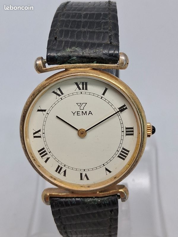 Montre Homme Vintage YEMA - Mouvement Quartz, Boîtier Plaqué Or, Bracelet Cuir Noir - Très Bon état, Contrôlée