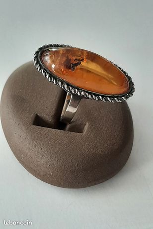 Bague Vintage Argent 925 Avec Ambre - Taille 57 - Occasion - Bijou Ancien