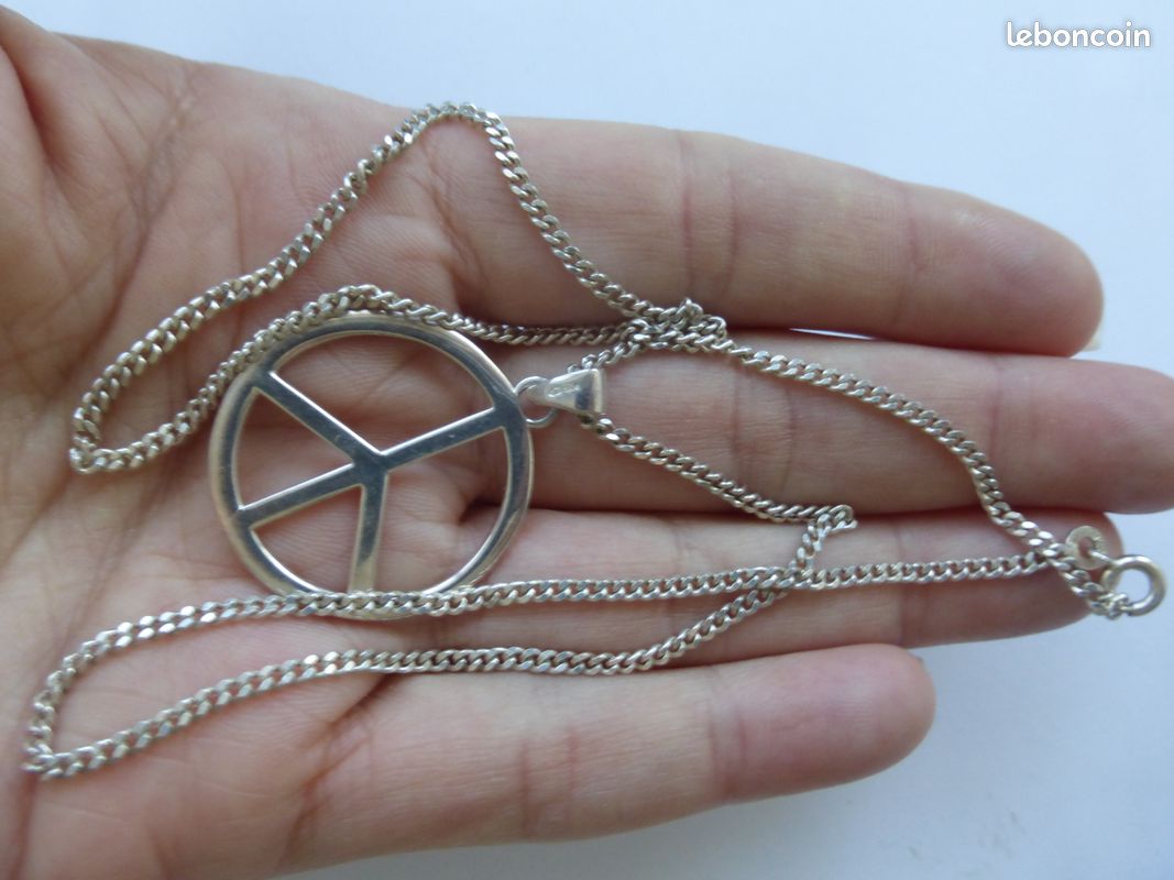 Gros collier peace and love argent 925 3 poinçons 8,08gr tbé : chaine 45cm maille gourmette de 2mm, pendentif diamètre 2,1cm (image 5)
