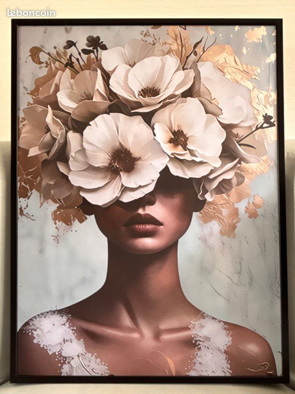 Toile affiche femme fleurs blanches portrait beige dore surrealiste pop art deco (image 1)