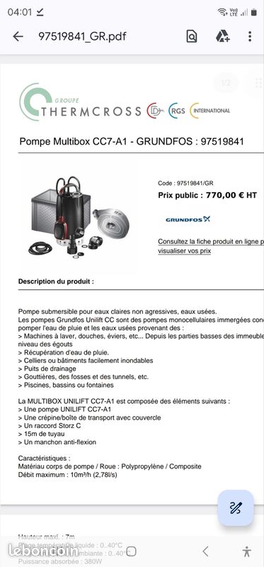 Pompe Multibox CC7-A1 - GRUNDFOS : 97519841 pompe submersible pour eaux claires non agressives, eaux usées - (image 1)