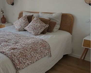 Lit Double Leon Placage Chêne Et Cannage Rotin 160x200 Sommier Inclus